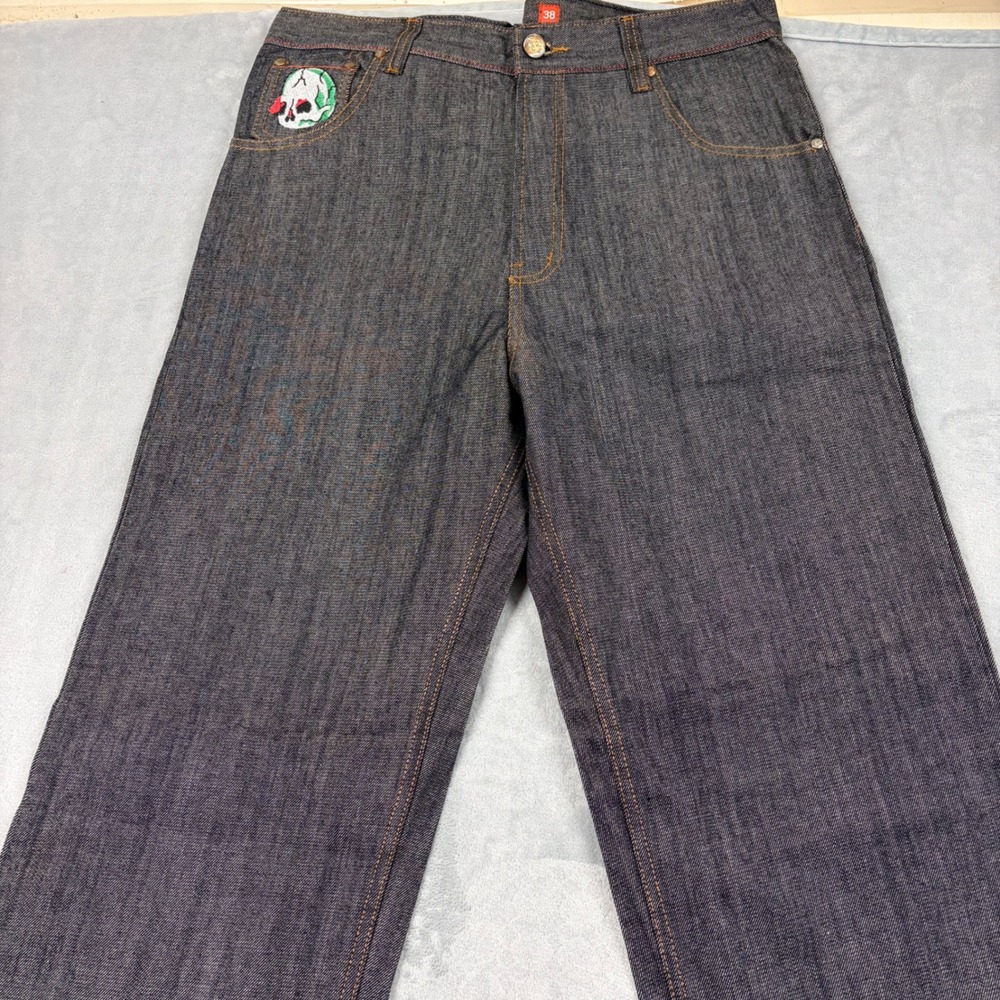 Y2K Grunge‎ Ed Hardy Mens 38x32 Black Rose Skull Embroidered Raw Denim Jeans NEW